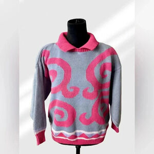 80s Sweater THAT’S ME retro polo collar pink gray swirl RARE EUC Valentine’s Day
